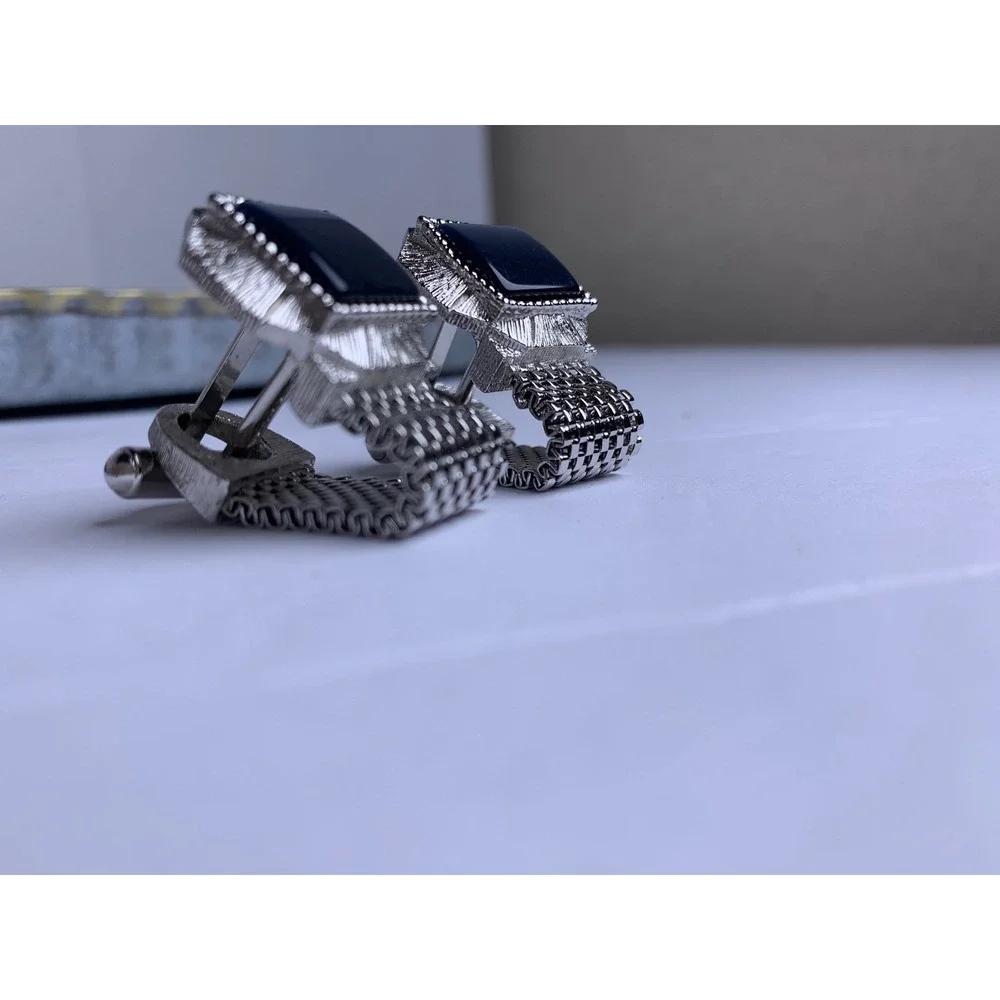 Vintage Silver Tone‎ Mesh Wrap Cufflinks Black Square Stone Mid Century Modern